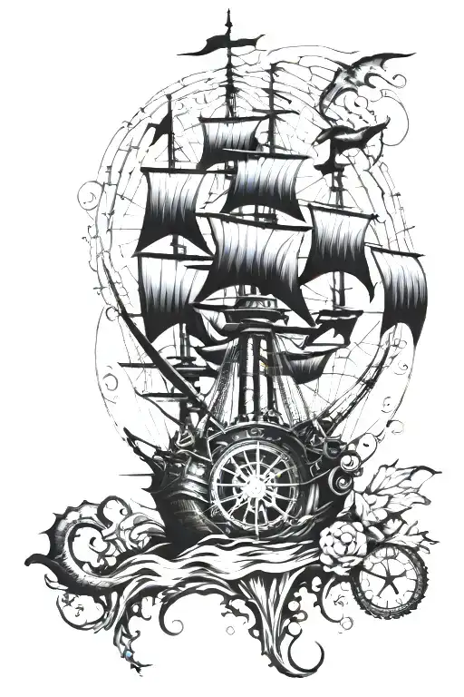 kraken pirate ship compass rose tattoo design idea