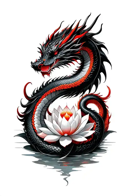 Dragon and snake that mutually join each other. A lotus flower in the middle of the two. All around red spi tattoo design idea