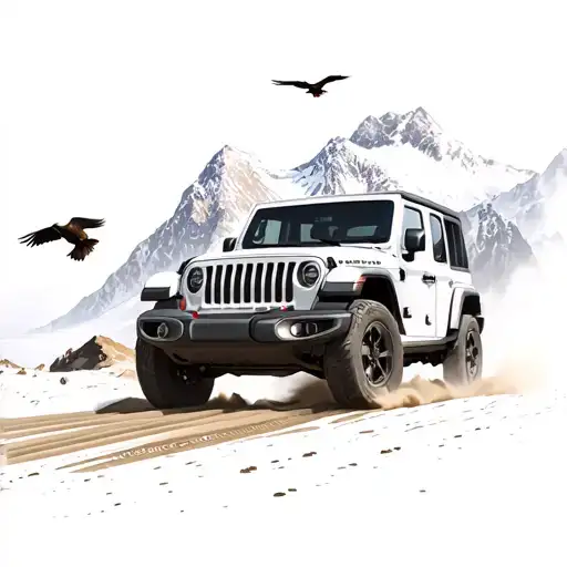 mountain scene with a jeep wrangler 2008 driving with eagle flying tattoo design idea