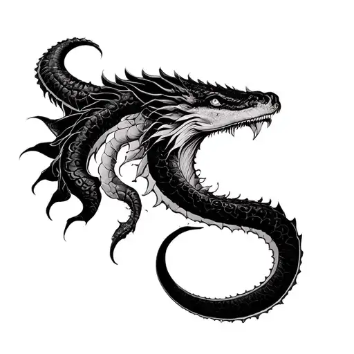 A biblical Leviathan, a colossal and majestic sea creature, emerging from the ocean in the midst of a storm. Its body tattoo design idea