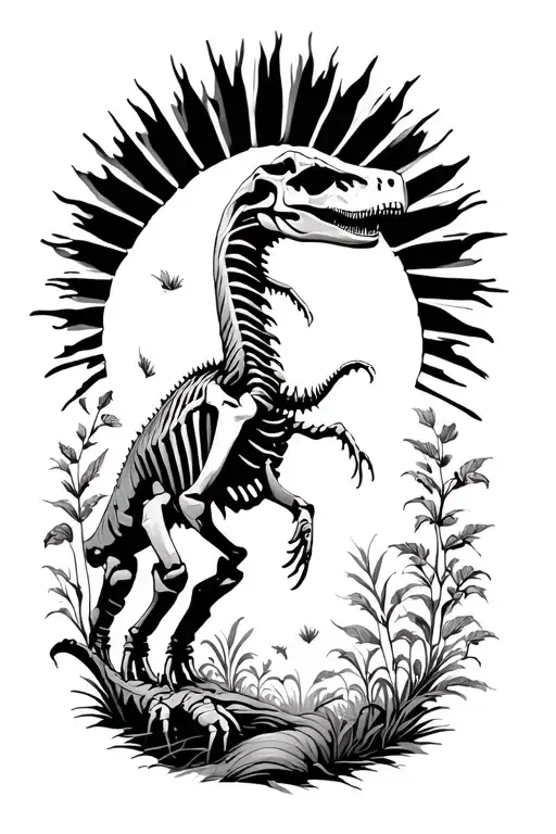full spinosaurus skeleton with small vine like plants scattered bahind it and circle sun rays behind its head tattoo design idea
