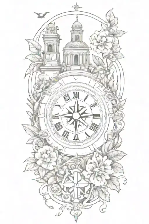 tattoo featuring roman buildings, and compass surrounded by flowers and vines tattoo design idea