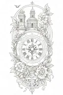 tattoo featuring roman buildings, and compass surrounded by flowers and vines tattoo design idea