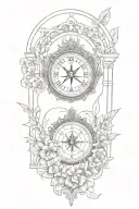 tattoo featuring roman buildings, and compass surrounded by flowers and vines tattoo design idea