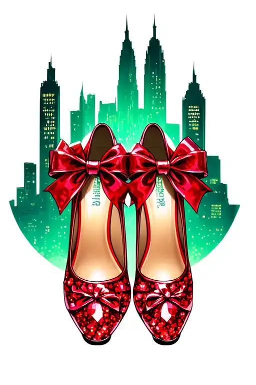 emerald city in background of two sparkly ruby slippers with bows on toes of shoes  tattoo design idea