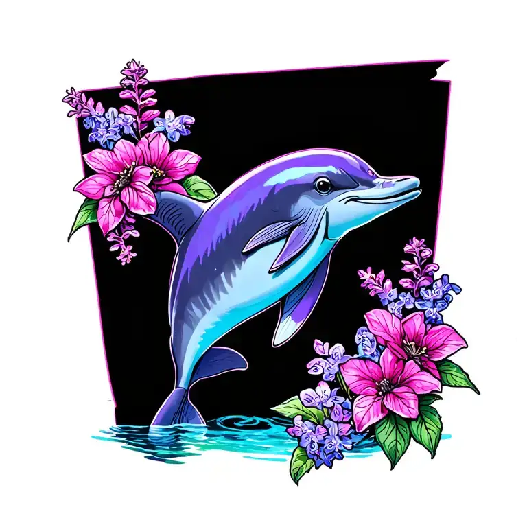 lisa frank style dolphin hot pink, purple, and blue with lilacs  tattoo design idea