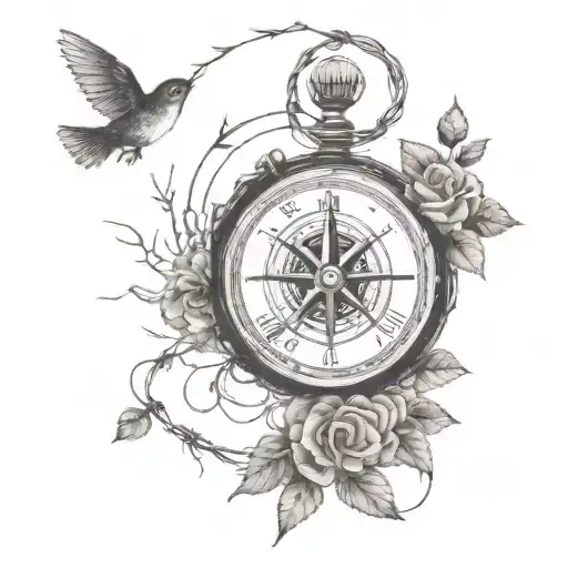barbed wire , rose , compass , time , tree of life , ying yamg fishes , small birds , tattoo design idea