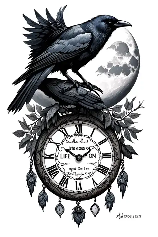 crow,dream catcher moon merging together with clock and a quotes saying:life goes on. viking symbols of strength and lov tattoo design idea