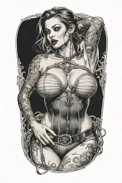 sexy woman in bondage underwear standing facing left tattoo design idea