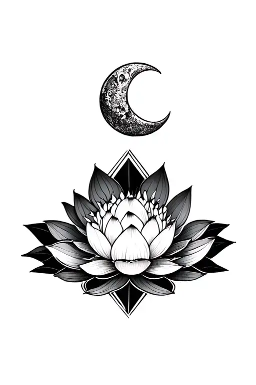 geometric pattern  belowblooming lotus in the center with crescent moon above tattoo design idea
