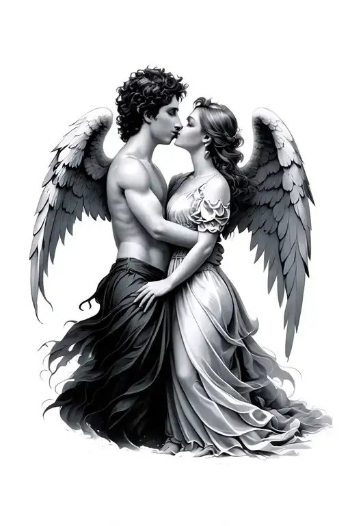 angels kissing guy and girl tattoo design idea