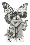 a butterfly and a little boy with his mother hugging tattoo design idea
