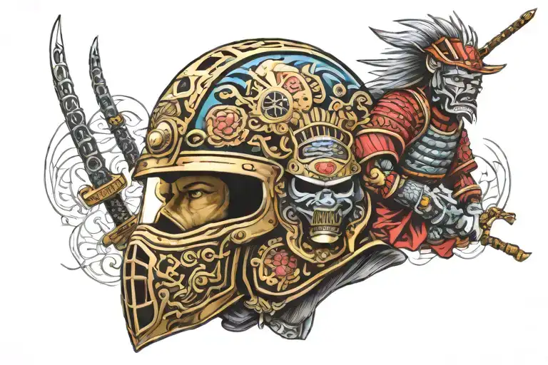 samurai warrior on mtb helmet tattoo design idea