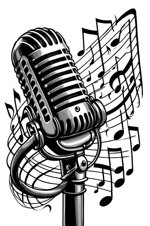old school microphone surrounded by musical notes tattoo design idea