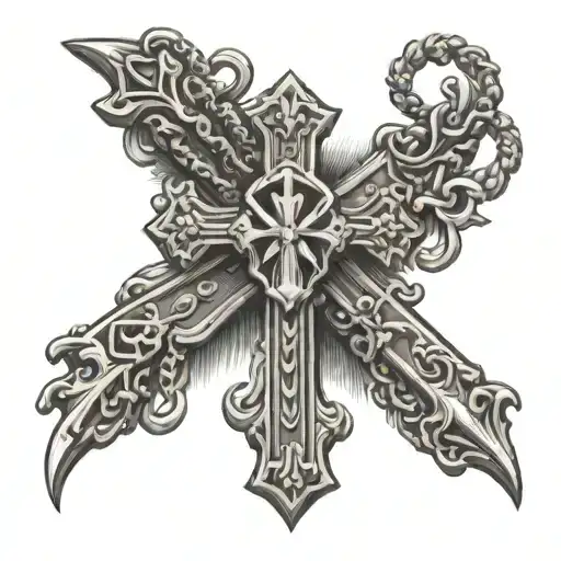 catholic cross with rosary beadsand prayer hands holding tattoo design idea