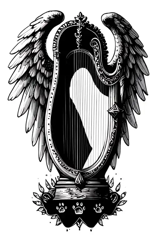 harp with angel wings black white dog paw print tattoo design idea