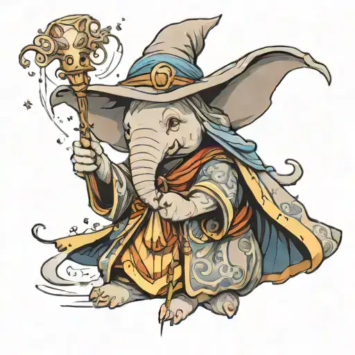 a elaphant dressed as a wizard casting a spell tattoo design idea