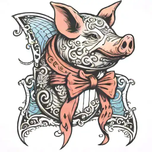 pig in a veil holding a sharks fin in a bowtie ribbon tattoo design idea