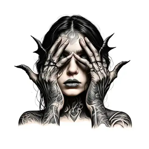 girl with demons hands over her eyes realistic tattoo design idea
