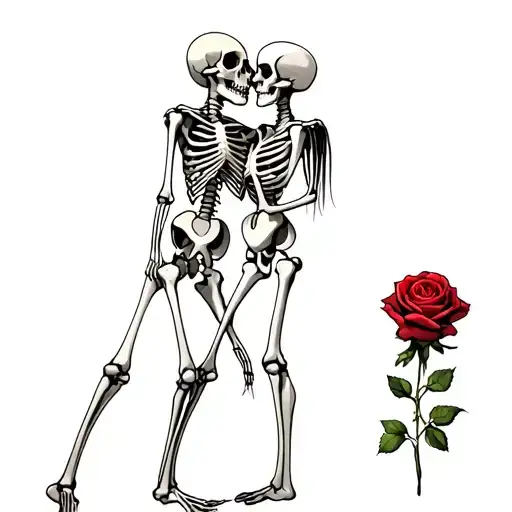2 skeletons, one female and one male, hugging each other in spite of a rose wrapped around their legs for eternity  tattoo design idea