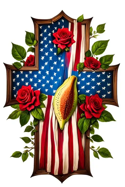 cross with pawpaw in the middle with american flag and red roses  tattoo design idea