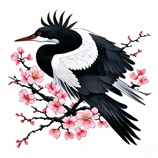 black and grey flying crane with cherry blossoms tattoo design idea