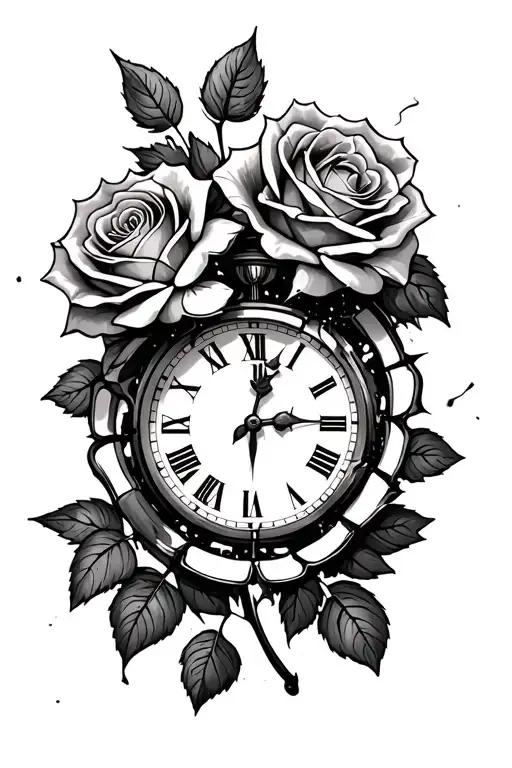 roses with clock broken embedded within tattoo design idea