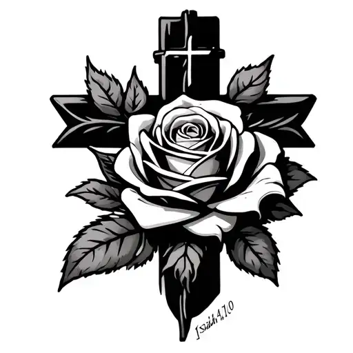 cross wrapped by a rose with Isaiah 41:10 tattoo design idea
