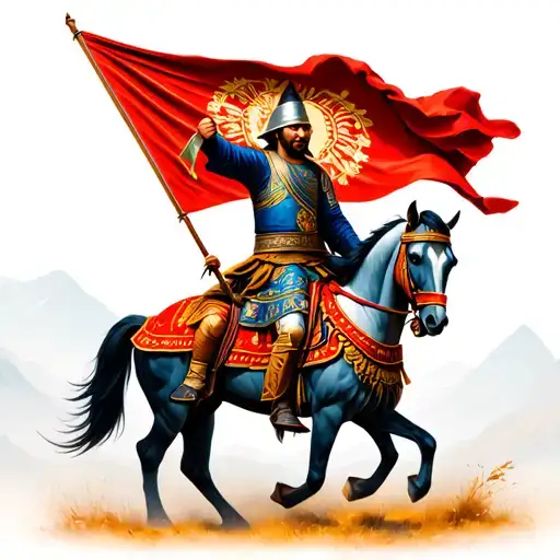 Mongol warrior on horse holding flag with cool background tattoo design idea