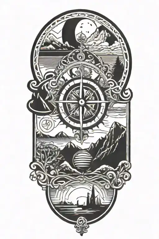 tattoo featuring greek landscape, compass, globe tattoo design idea
