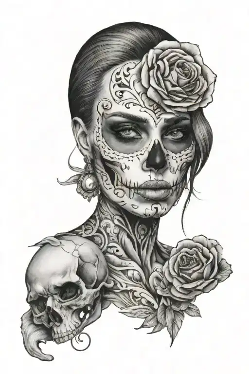 half woman face half skull face tattoo without flowers tattoo design idea