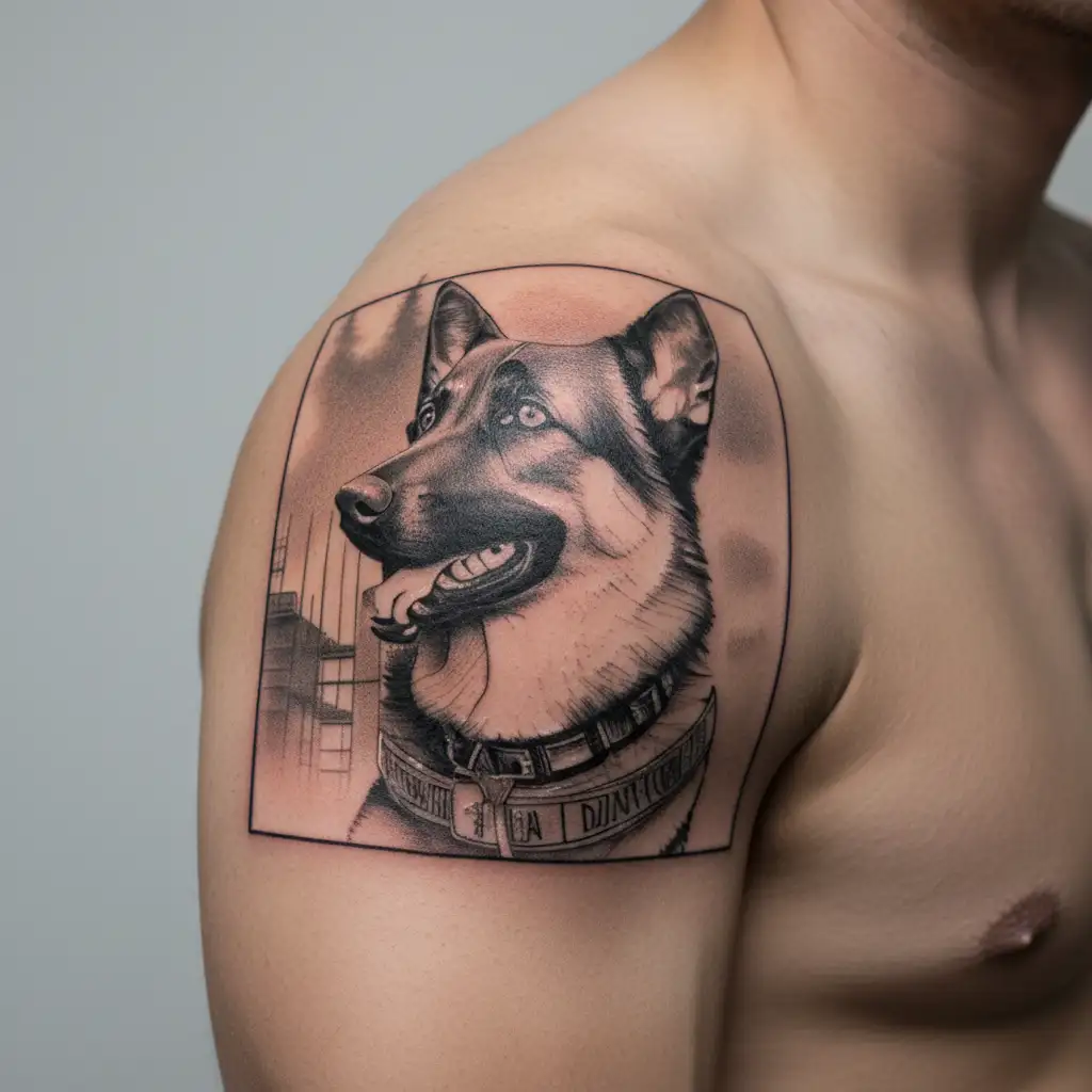 A black and grey tattoo of a German Shepherd standing proudly next to a construction site, symbolizing loyalty, protection, and the client's occupation as a construction manager tattoo design idea