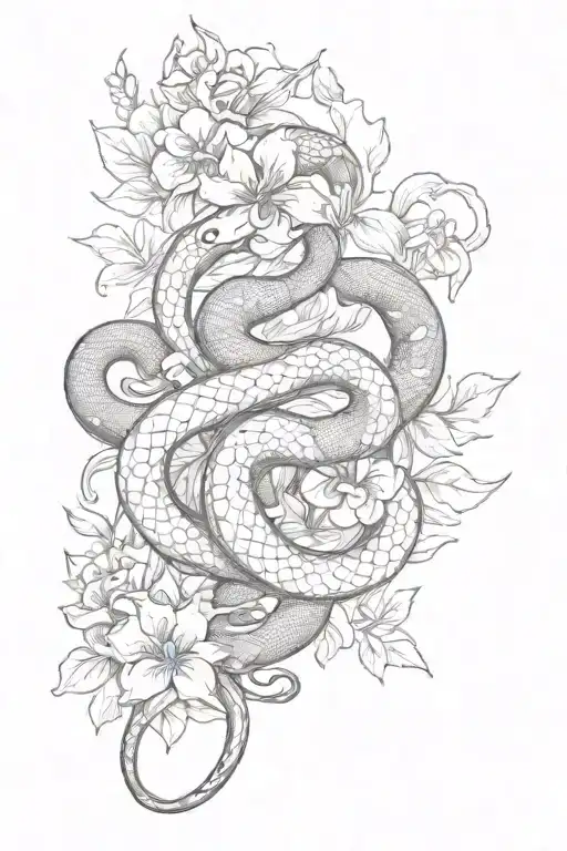 snake and flowers tattoo design idea