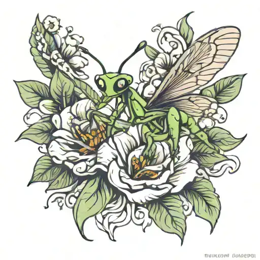 floral arm band with praying mantis   tattoo design idea