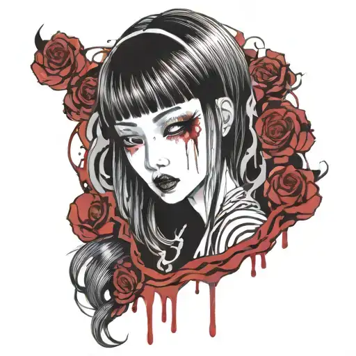 Black And White Anime Girl gore horror gothic Junji Ito Style  tattoo design idea