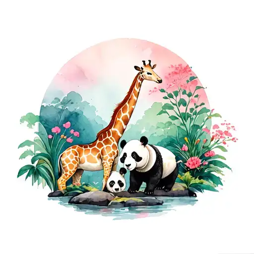 giraffe, panda, and bull in zen garden scene tattoo design idea
