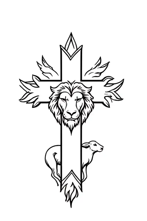 christian cross with a lion head coming out of one side and a lamb coming out of the other tattoo design idea