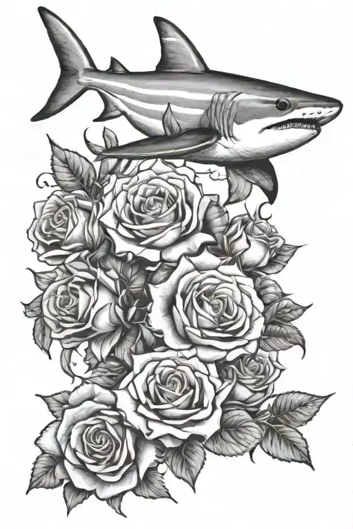 black tip reef shark with roses tattoo design idea
