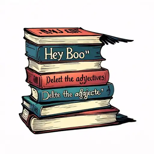 to kill a mocking bird inspired stack of 5 books stacked include words 'Hey Boo' and ' delete the adjectives' tattoo design idea