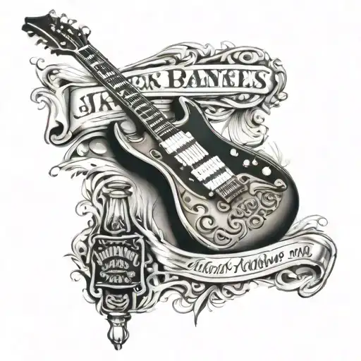 a electric guitar leaning on a bottle of jack daniels whiskey tattoo design idea