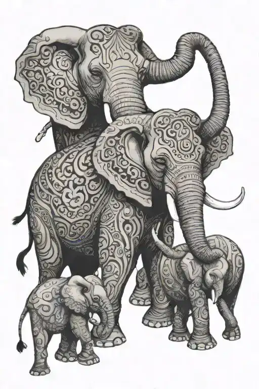 Two elephants, one large and the other small, with the larger one protecting the smaller. Both elephants are adorned wit tattoo design idea