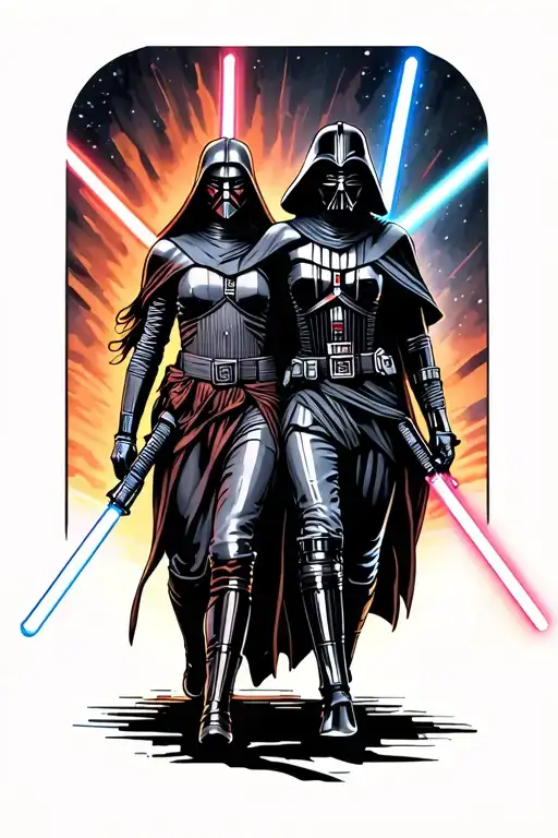 Star wars forearm tattoo of female Jedi Knight Revan and half female Darth Revan walking while holding their lightsabers tattoo design idea