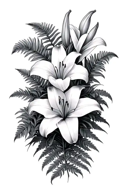 stargazer lilies and ferns tattoo design idea