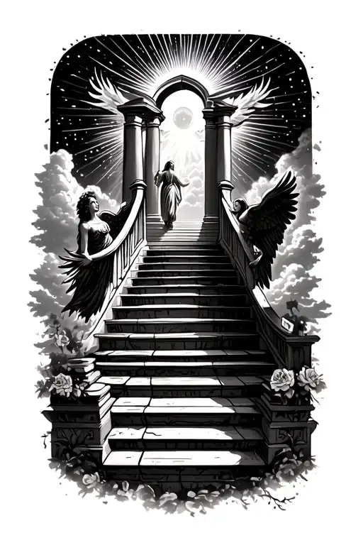 stairway to heaven walking up stairs angels sun rays clouds heaven gate at the top of the stairs  tattoo design idea