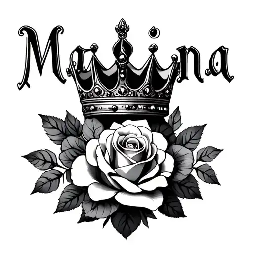 the name mariana with a crown and roses blooming around the name as letters tattoo design idea