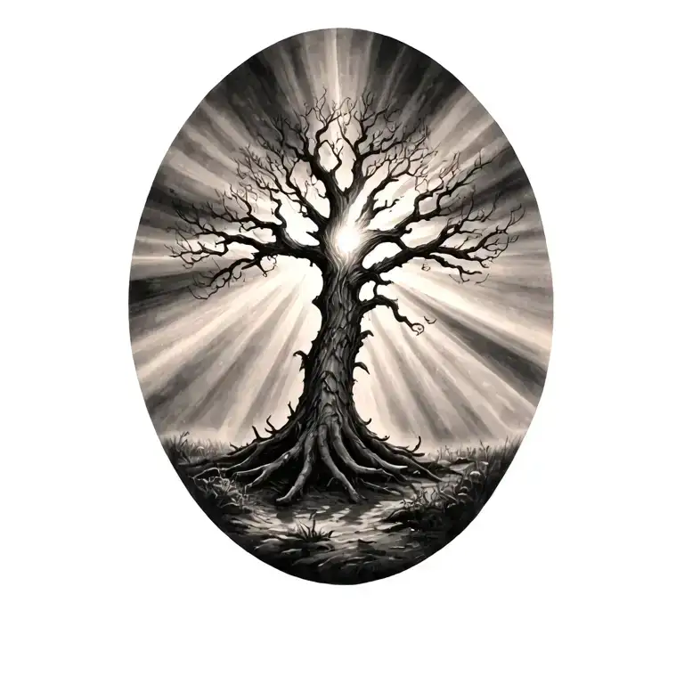 sunbeams shining on a stately tree. where the light touches shows the tree dead tattoo design idea