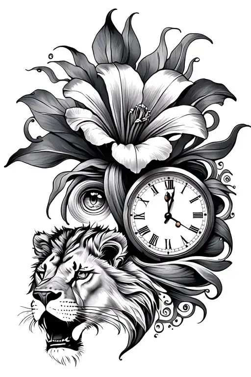 iris flower with a clock and an lions eye and with some japanese waves tattoo design idea
