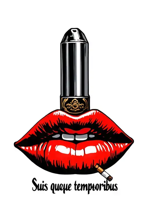 "Suis quaeque temporibus" lips with a cigarette in the teeth, below is an inscription in Chicano style with a revolver with shadows tattoo design idea