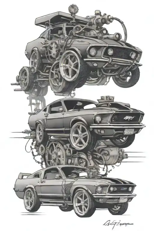 steampunk 1970 Mustang fastback clocks and gears old truck tattoo design idea