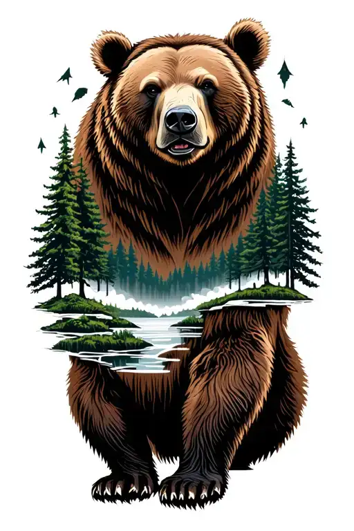 Brown bear with forest landscape in the background tattoo design idea